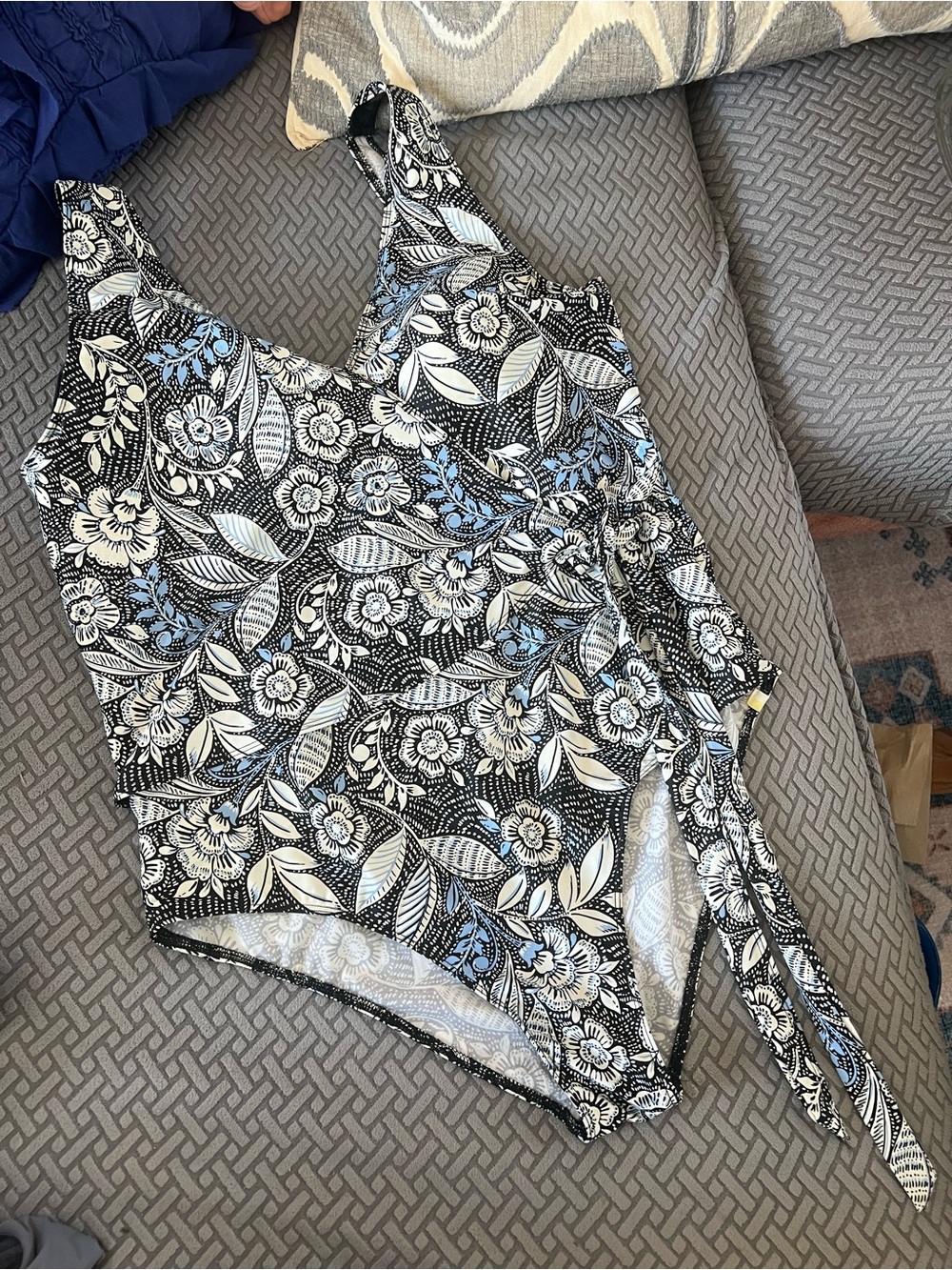 Floral One-Piece Swimsuit in Black, White & Light Blue